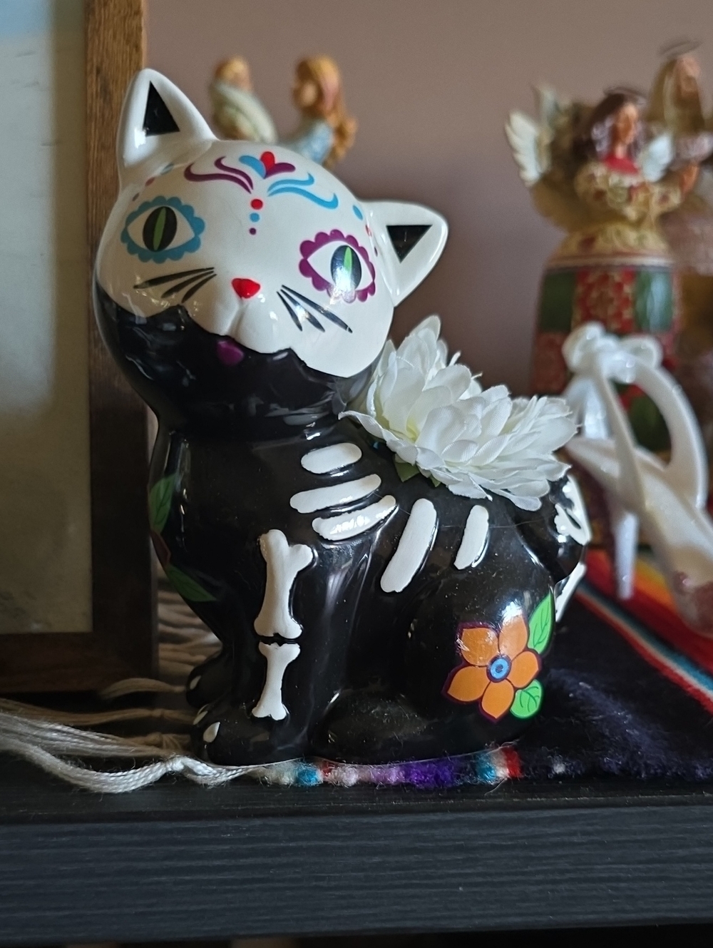 Day of the Dead Black Cat Decorative Planter - Floral Accent